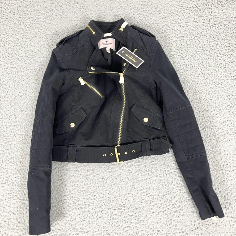 Juicy Couture Madison Moto Jacket Womens‎ XS Black Belted Gold Hardware Zip
